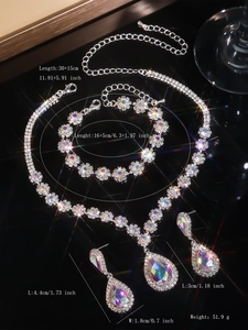 Detailed view showing dimensions and weight of silver-tone multi-color rhinestone set