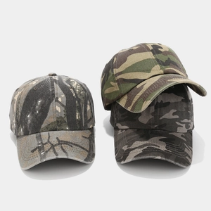 Detailed view of three camouflage baseball caps with structured crowns and curved brims