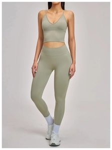 Macro detail of seamless ribbed texture on sage green high-waisted yoga pants