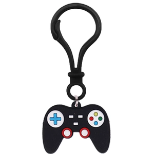 Close-up of a game controller keychain with colorful buttons and a black carabiner hook