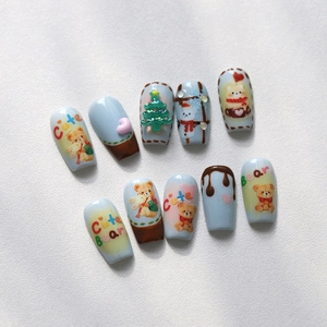 Cute Christmas bear adhesive nail stickers with light blue and brown festive resin designs