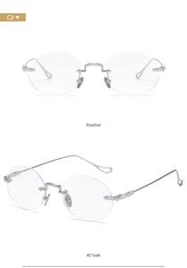 Close-up of silver rimless square blue light blocking glasses with Y2K metal temples