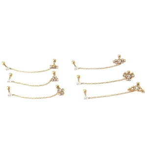 Gold stainless steel 16G chain earrings with clear zircon stars and circular ball studs