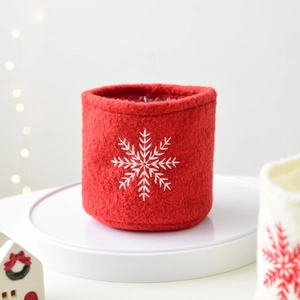 Christmas red wool felt tree collar with white snowflake embroidery and warm fairy lights