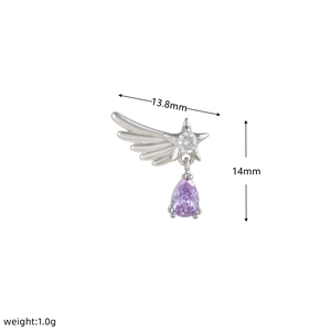 Detailed dimension guide for wing-shaped earring with purple zircon and silver plating