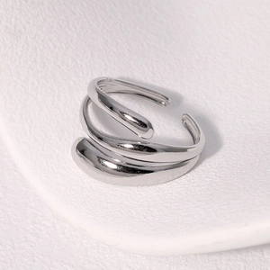 Minimalist silver multilayer interwoven open ring for women in polished stainless steel