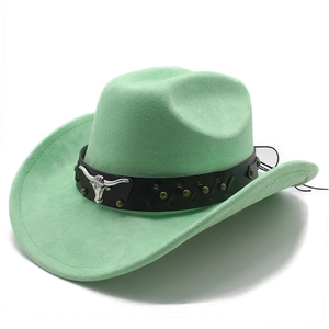 Detail of mint green suede cowboy hat with braided leather band and silver bull head buckle