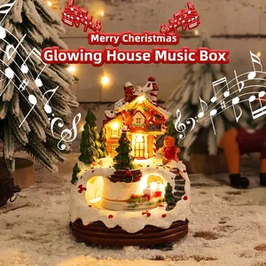Leuchtende Weihnachtsspieluhr Haus mit rotierendem Zug und Lebkuchenmann-Ornament