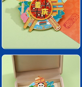 Detail of metal Chongqing souvenir pin with rotating hot pot and panda landmark designs