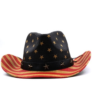 Detailed close-up of straw cowboy hat featuring American flag stars and stripes pattern