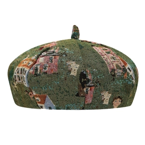 Retro denim beret featuring vintage jacquard fabric with European architectural patterns