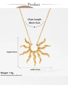 Detail view of golden sun pendant with size measurements and chain length technical specs