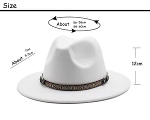 Size chart for white cashmere felt fedora with detailed measurements and dimensions