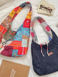 Floral patchwork canvas tote and denim shoulder bag in a stylish flat lay set