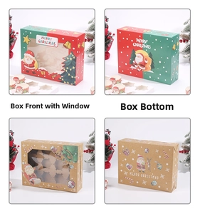 Detail of Christmas cupcake boxes with clear windows and festive holiday illustrations