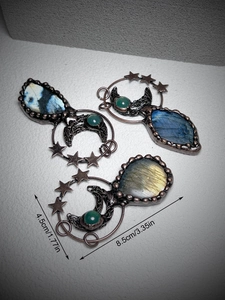Vintage handmade moon and star pendant featuring natural labradorite and green chalcedony