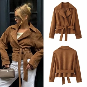 Suede Jacket Women Faux Suede Lapel Collar Belted Waist Short Solid Color Fashion Commuter Outerwear Fall Winter