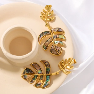 18K gold stainless steel leaf earrings featuring iridescent abalone shell inlay