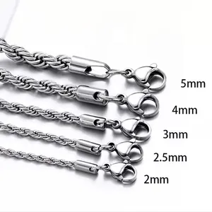 Size comparison showing 5mm to 2mm widths of minimalist twisted rope chain bracelets