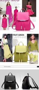 Detailed view of women's lychee grain faux leather backpack with metallic bar and drawstring