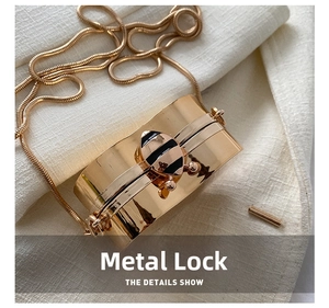 Detailed close-up of golden metal evening bag with unique black and gold oval clasp