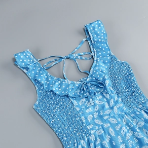 Detail of blue floral and polka dot dress featuring elastic shirring and ruffled straps