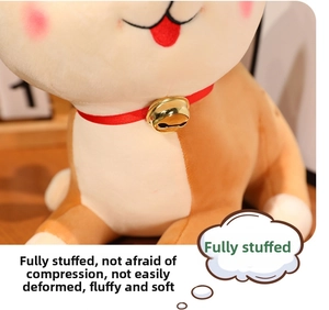 Detailed shot of plush deer toy with red collar, golden bell, and soft premium filling
