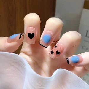 French Press On Nails With Blue Gradient Black Heart Patterns Square Plastic False Nails For Women Wearable Reuseable