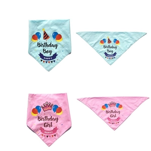 Blue and pink pet birthday bandanas with Birthday Boy and Girl prints in high detail