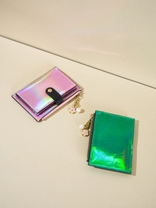Holographic Iridescent Small Wallet Bifold Card Holder For Women Trendy Fashion Coin Purse With Flower Artificial Pearl Pendant
