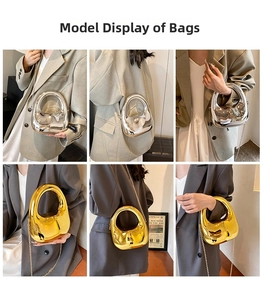 Model display of silver and gold acrylic clutch bags with metallic mirror finish