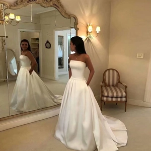 Abito Da Sposa In Raso Senza Spalline Senza Maniche Tasche Fiocco Dietro Piccola Coda Vestito Sera Formale Donne