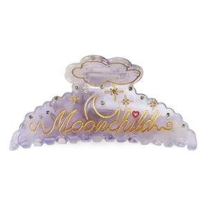 Purple translucent Moonchild hair claw clip with gold celestial patterns and rhinestones