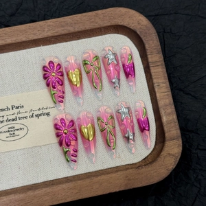 Pink Aurora Stiletto Press On Nails Handmade 3D Metallic Flower Heart Star Sweet Cool Y2K Style Luxury Manicure