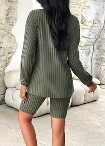 Back view of the ribbed knit long sleeve top and shorts set in green for women
