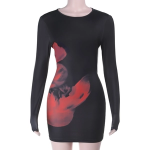 Slim fit long sleeve mini dress with red abstract floral print on black fabric