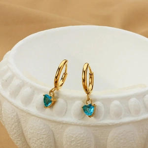 Luxurious gold stainless steel earrings with blue heart-shaped zircon pendants