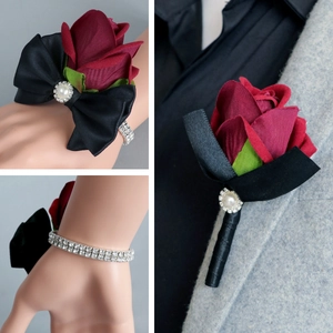 Burgundy artificial rose boutonniere and wrist corsage set for wedding ceremonies