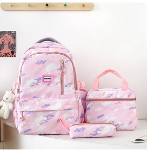 Detailed 3-piece set featuring pink camo school backpack, lunch bag, and pencil case