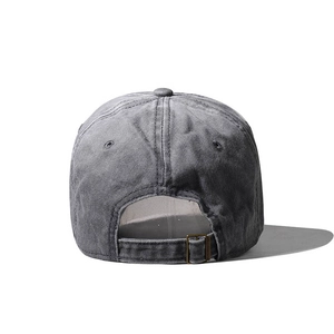 Detail view of the washed grey baseball cap with adjustable metal buckle back strap