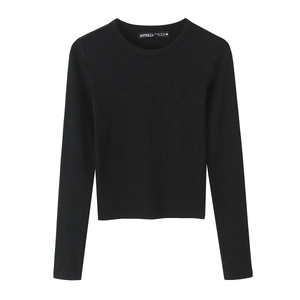 T-shirt noir classique à manches longues et col rond pour femme de style décontracté