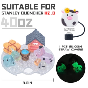 Luminous farm animal silicone straw cover and topper set for 40oz tumblers