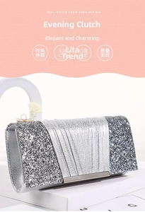 Detail of silver glitter evening clutch bag with sparkling sequins and chain strap