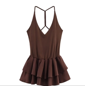 Detailed view of brown deep V-neck halter top with double-layer ruffle hem and knit texture
