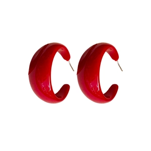 Minimalist red C-shaped resin hoop earrings with vintage polished acrylic finish