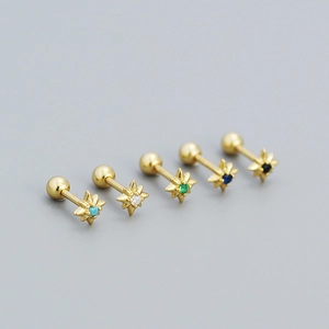 Eight-pointed star screw back earrings in gold finish with multi-color zircon inlays