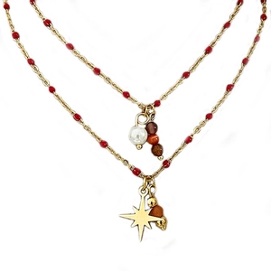 Double-layered 18k gold plated necklace with star pendant, red beads and pearl charms