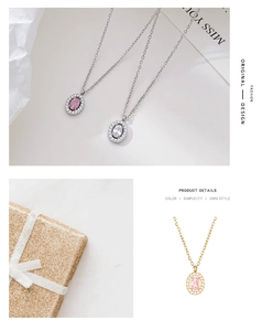 Detail of zircon pendant necklace in gold and silver finishes with pink oval stones