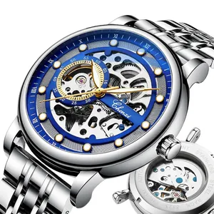 Men's skeleton automatic mechanical watch with silver stainless steel band and blue dial