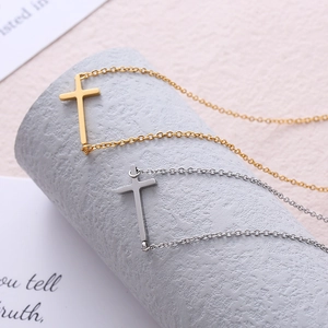 Sideways Cross Pendant Necklace Stainless Steel Minimalist Horizontal Geometric Polished Hip Hop Jewelry For Men Women